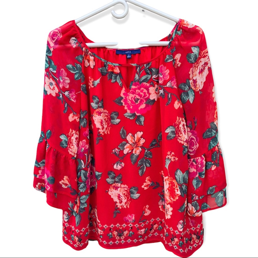 APT. 9 Floral Red Blouse Ranglan Sleeves‎ TV Sz S